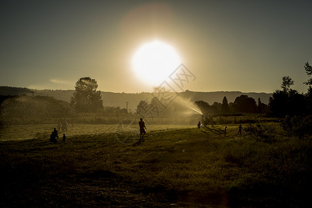 日落时成人和儿童玩农业喷洒器的田地景观高清图片