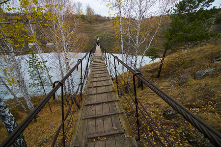 在俄罗斯埃文克河吊脚桥上行走一小群徒步者图片