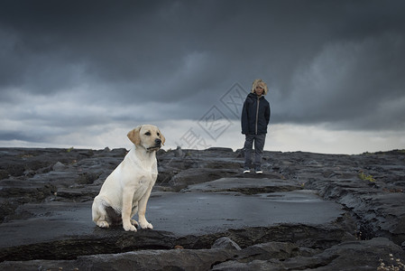 带宠物拉布多犬的岩石上小男孩爱尔兰克拉雷杜林图片
