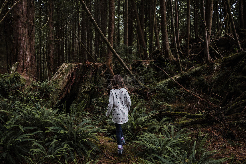 女孩在加拿大托菲诺森林中徒步旅行图片