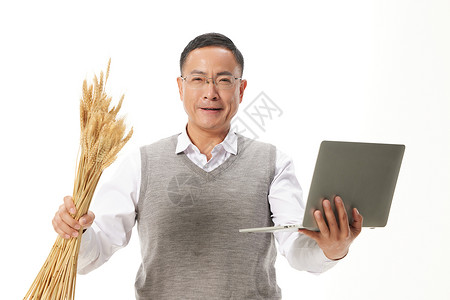 拿着电脑和小麦的科研人员田野高清图片素材