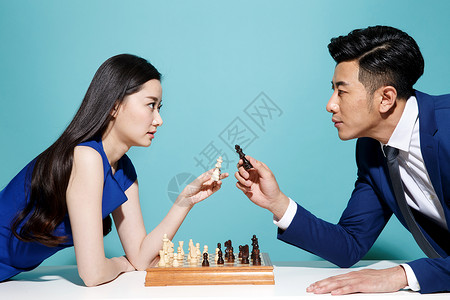 蓝色旗子青年商务男女下象棋背景