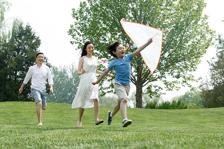 男孩在放风筝一家三口在草地上放风筝背景