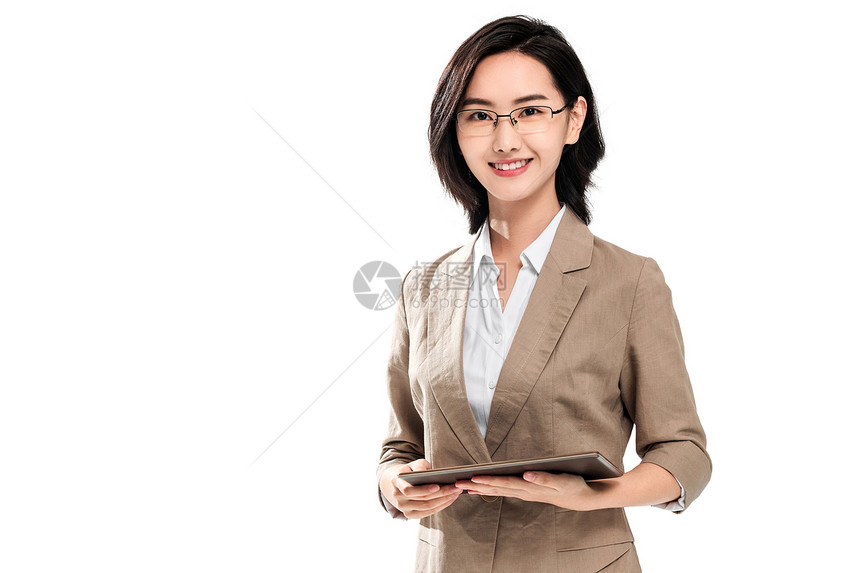 职业青年女教师拿着平板电脑图片