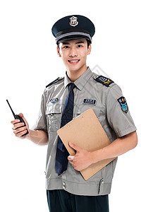 男警察联系注视镜头活力年轻男保安在工作背景