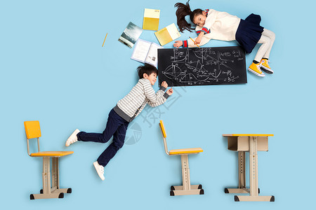 飞起来的书放松教育笑快乐小学生躺着学数学背景