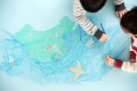 中国风儿童插画大海左撇子着色快乐儿童一起绘画背景