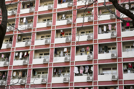 晾衣服树枝晾衣服建筑都市风光寄宿学生宿舍楼局部背景