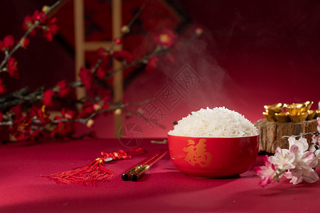 桃花元素美味堆叠熟的传统特色热腾腾的米饭背景