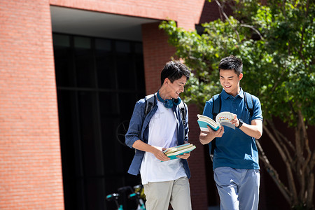 幸福成年学生高兴的校园里边走路边探讨学习的年轻男子高清图片