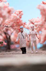 咖色帽子樱花树林中的医护人员背景