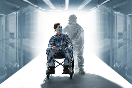 职业通道医务工作者推着坐轮椅的患者背景
