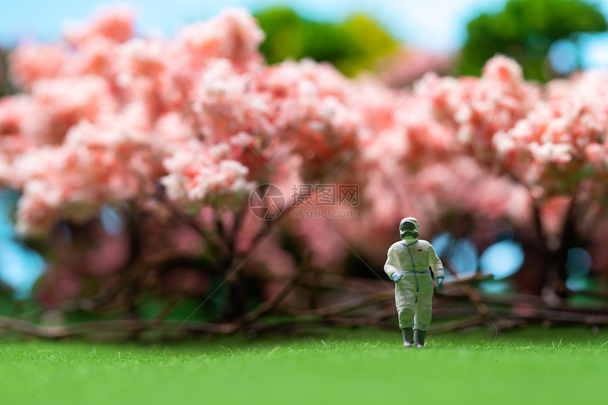 樱花树下的医护人员站在草地上图片