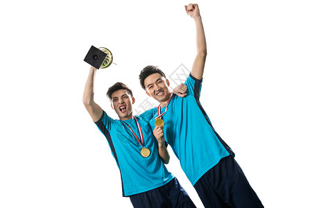 奖杯概念表达足球运动员一起踢足球庆祝背景