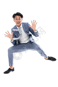 兴奋表情包个摄影享乐兴奋跳跃的商务男士背景