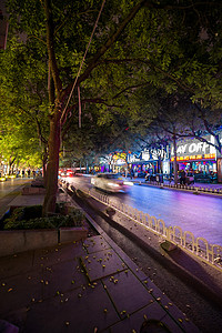 咖啡馆宣传海报北京商业街夜景背景