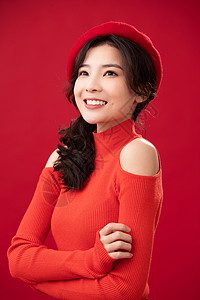 文化亚洲美女穿红色衣服的青年女人肖像喜庆高清图片素材