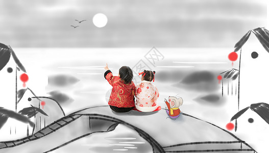 男孩背影插画传统庆典传统文化创造兄妹两人坐在地上的背影背景