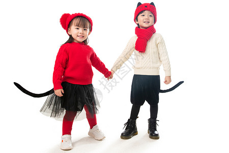 鼠年新更新东方动物形象乐趣兄妹两人穿新衣服庆祝新年背景