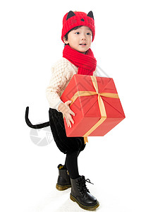 鼠年新更新愿望传统庆典包装盒小男孩过年穿新衣服拿礼物背景