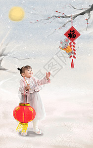 喜庆春节插画效果图玩耍鞭小女孩手提红灯笼庆祝新年背景