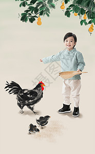 母鸡卡通谷类合成图像摄影小男孩拿着簸箕撒谷物喂鸡背景