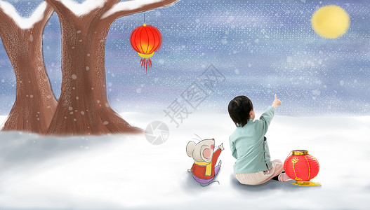 卡通树素材小男孩坐在户外看月亮背景