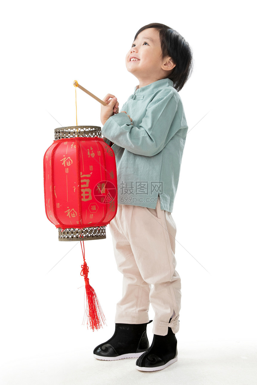 儿童传统文化影棚拍摄可爱的小男孩拿着红灯笼图片