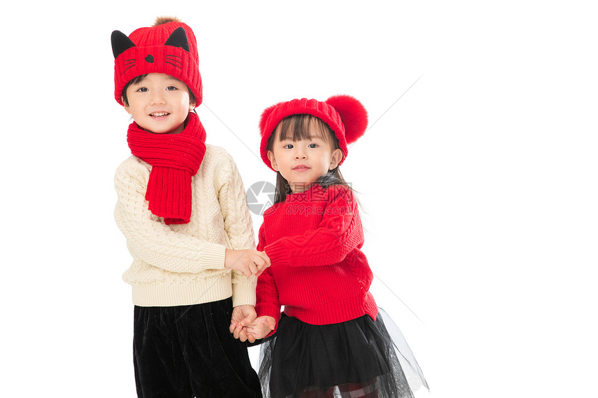 传统文化水平构图吉祥两个小朋友庆祝新年图片
