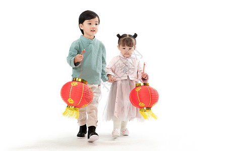 唐装小孩愉悦文化裙子兄妹两人拿着红灯笼庆祝新年背景