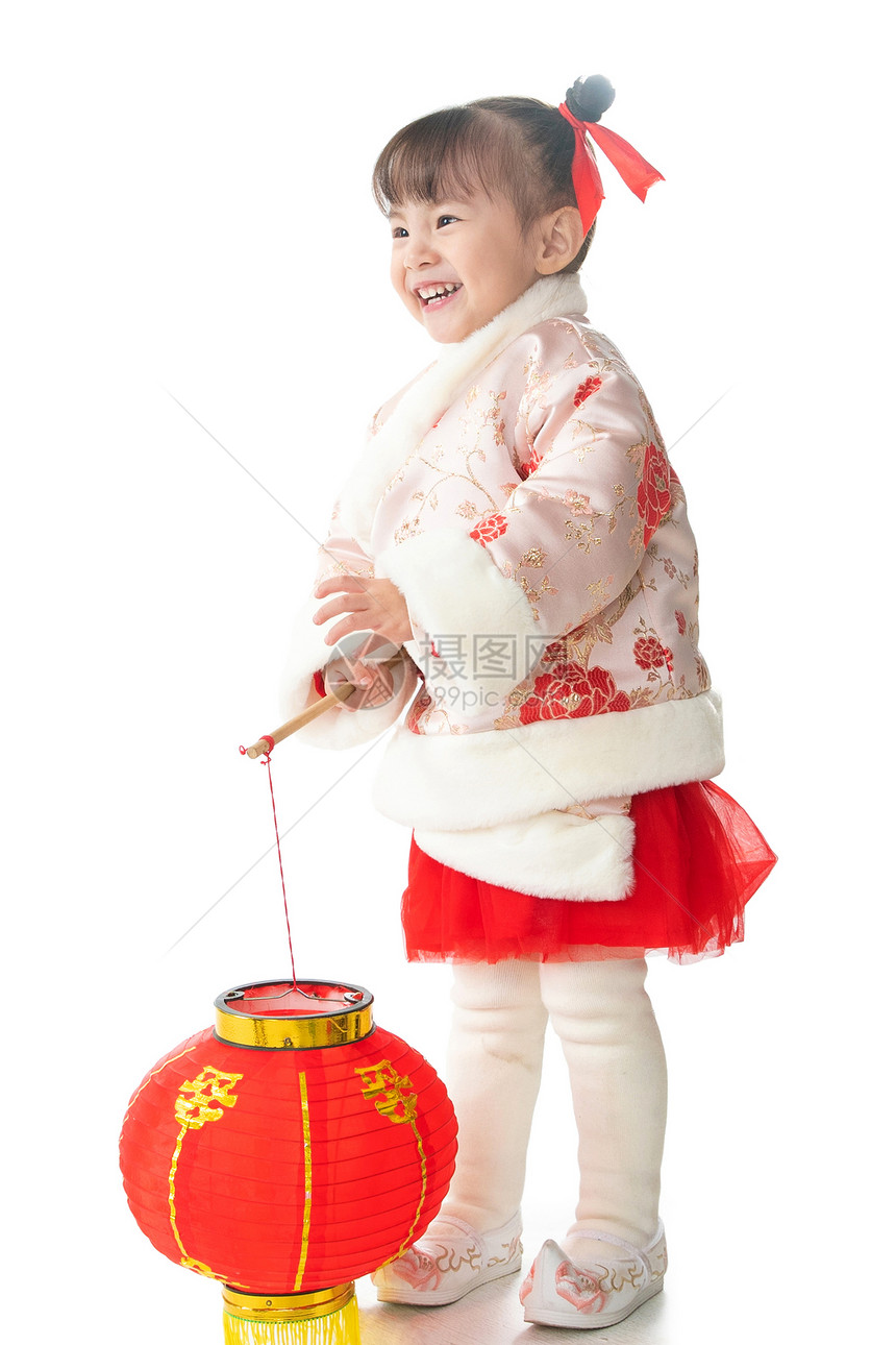 人好奇心垂直构图可爱的小女孩拿着红灯笼图片
