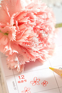 爱时间桌上的康乃馨花和信封贺卡背景