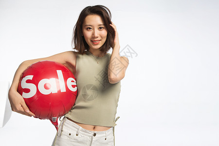 彩色图片青春20多岁快乐的年轻女孩拿着气球图片