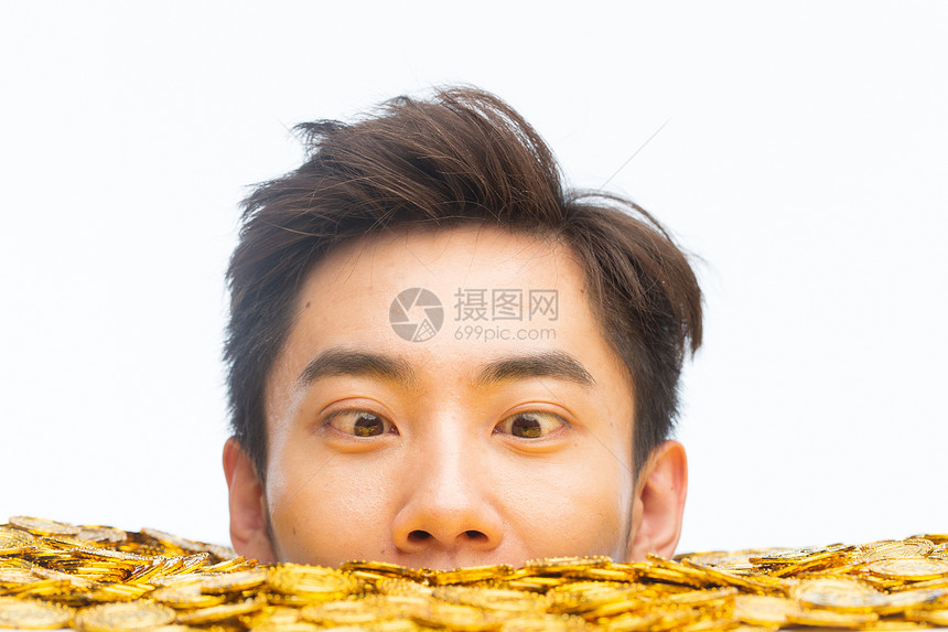 渴望人的头部丰富青年男人和金币图片