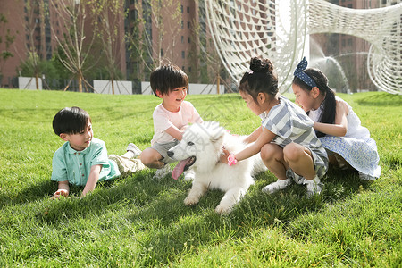 小孩狗户外快乐的孩子在外面和狗狗玩耍背景