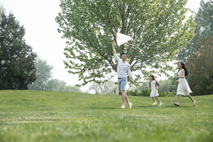 水平构图绿色东方人一家三口在草地上放风筝图片