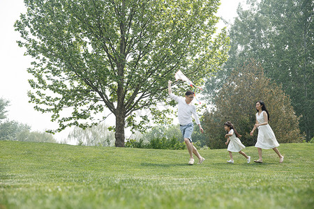 双亲家庭学龄前儿童三个人一家三口在草地上放风筝图片