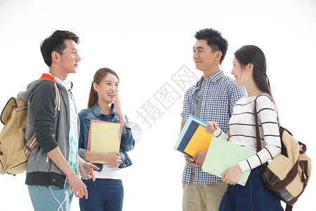 东方人站着快乐四个年轻的大学生白色背景高清图片素材