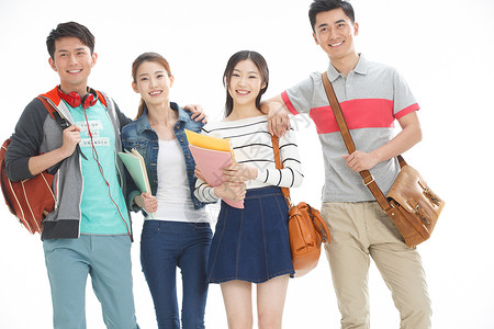 t恤青年女人微笑四个年轻的大学生中国人高清图片素材
