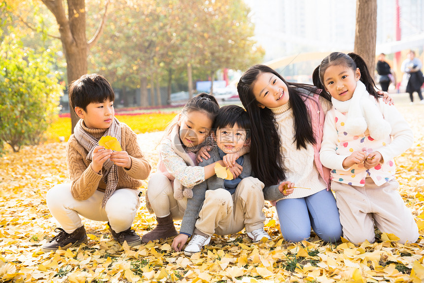 小学生落叶朋友可爱的男孩女孩在户外玩耍图片