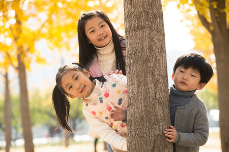 树干亚洲4岁到5岁欢乐的男孩女孩在户外玩耍高清图片