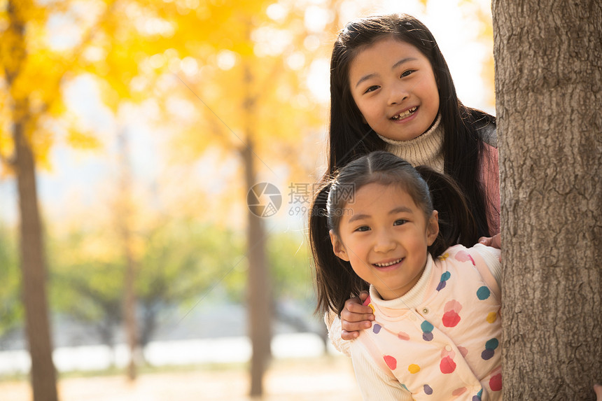 树干彩色图片天真两个可爱的小女孩在户外玩耍图片