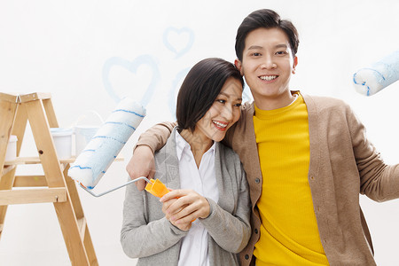 水平构图幸福女人年轻夫妇装修房子亚洲人高清图片素材