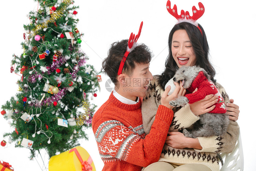 抱着宠物狗的青年情侣过圣诞节图片