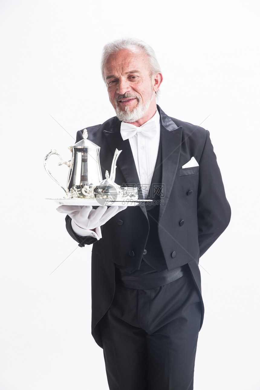 信心能力精力一个男侍者托着银餐具图片