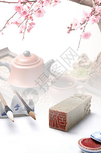 茶字印章茶具与写字器具背景