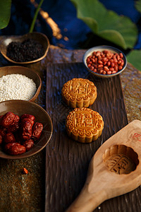 木荷叶月饼制作模具和食材背景