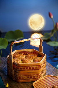 月亮与礼盒圆月餐饮池塘月饼背景