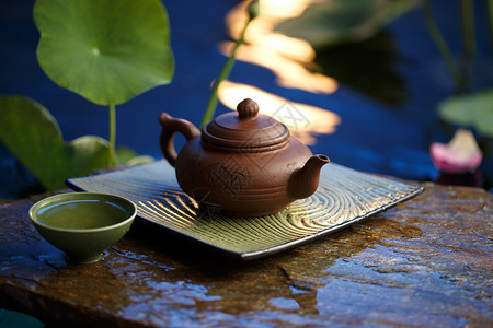 荷花月色中秋节瓷器彩色图片茶具背景