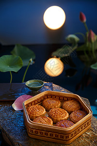 月亮与礼盒礼盒传统竹篮月饼背景